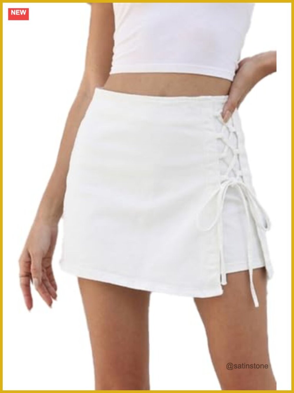 High Waisted Stretch Denim Lace Up Skort Side Zipper